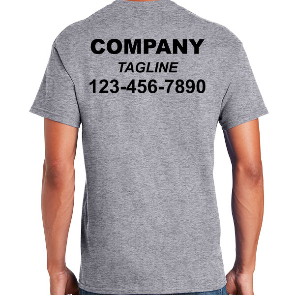 company name tagline and phone number on shirt