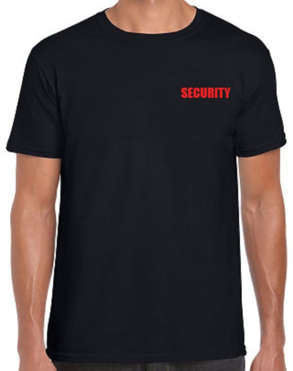 Black security shirt with red imprint