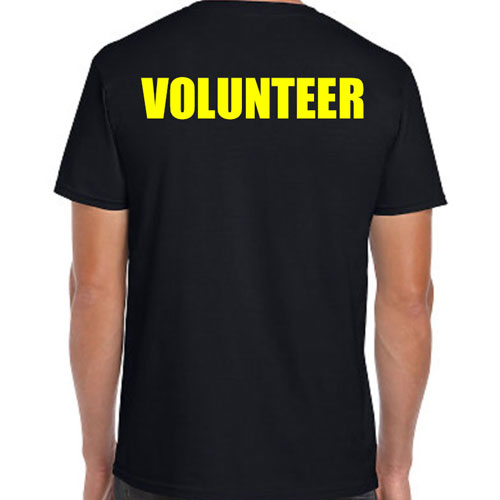 Black tee shirts with white "volunteer" imprint