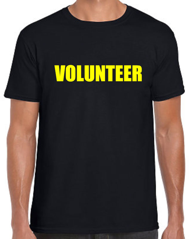 Black tee shirts with yellow "volunteer" imprint