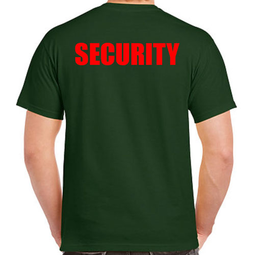 Green Security T-Shirts with Red Print