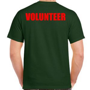 Green volunteer shirts with red print