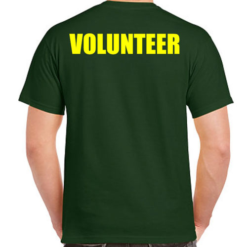 Green volunteer shirts with yellow print