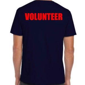 Blue volunteer shirts with red print