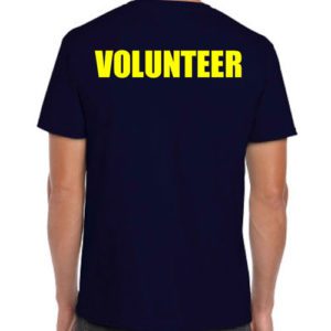 Blue volunteer shirts with yellow print
