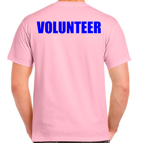 Pink volunteer shirts with blue print