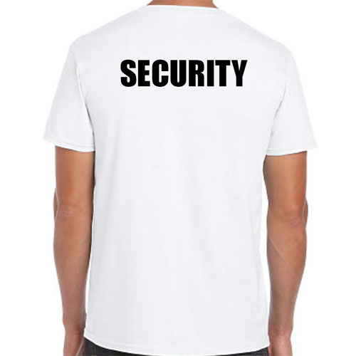 White Security T-Shirts with Black Print