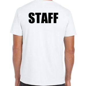 White Staff T-Shirts with Black Print