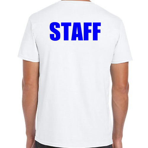 White Staff T-Shirts with Blue Print