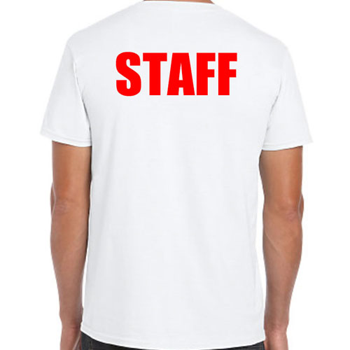 White Staff T-Shirts with Red Print
