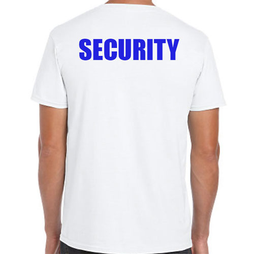 White Security T-Shirts with Blue Print