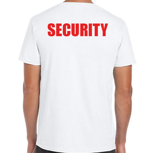 White Security T-Shirts with Red Print