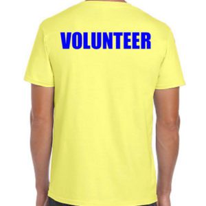 Yellow volunteer shirts with blue print