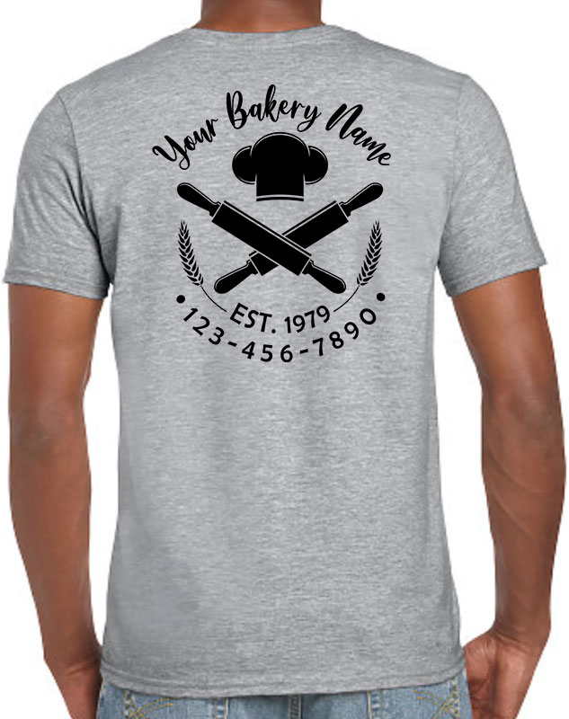 Bakery Chef Company Shirts with Rolling Pin Logo back imprint