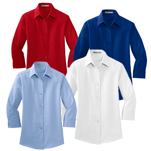 Ladies ¾ Sleeve Easy Care Shirt Colors in red, royal, light blue and white