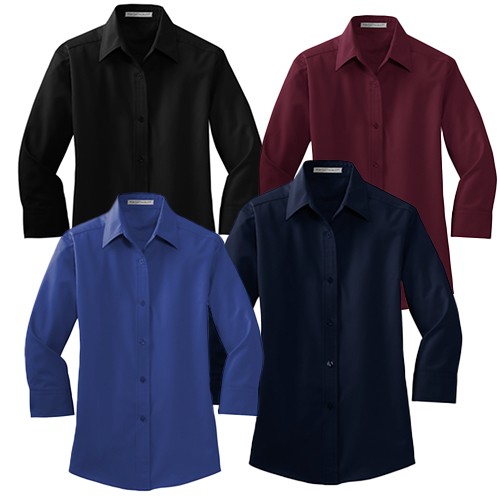 Ladies ¾ Sleeve Easy Care Shirt colors black, navy, blue and maroon
