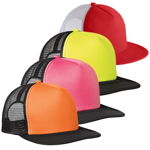 District Flat Bill Snapback Trucker Caps in red, yellow, pink and orange